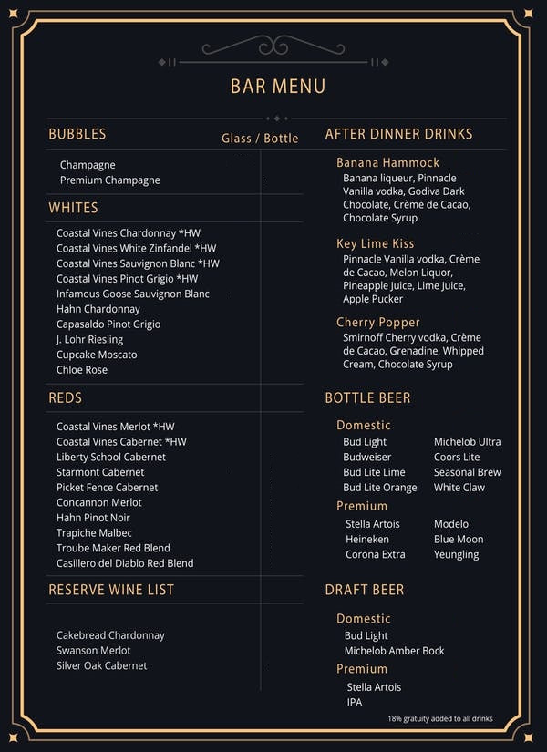 Jewel Speakeasy Orlando - Bar Menu