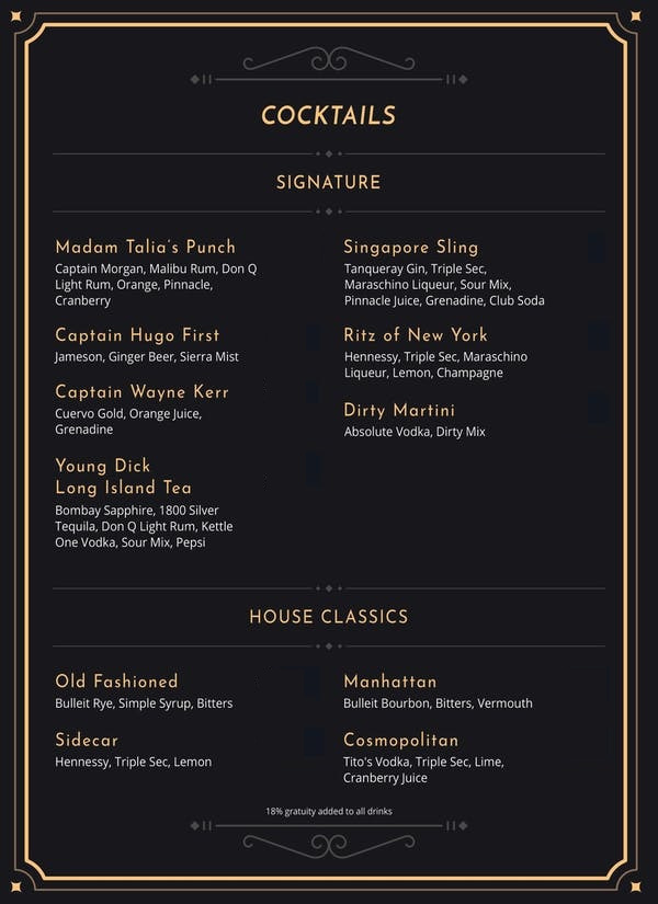 Jewel Speakeasy Orlando - Cocktail Menu